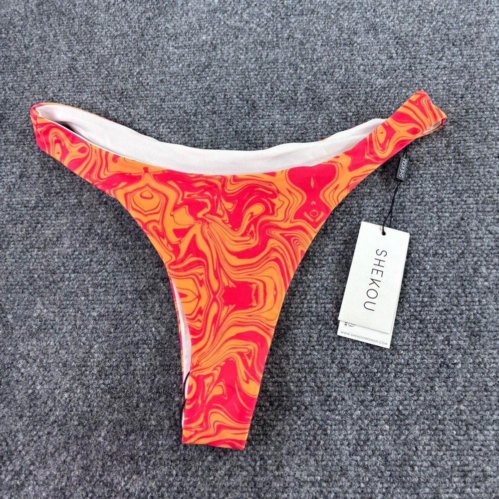 Shekou Bikini Bottom Women Med Orange Red Marble Swirl High Cut NWT Sustainable